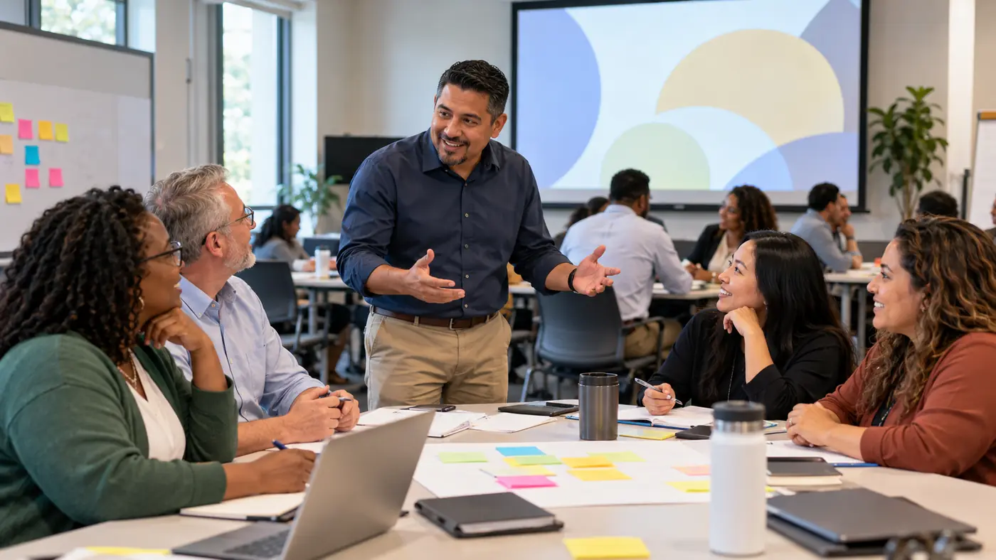 Facilitator leading communicators as they develop public messages together.