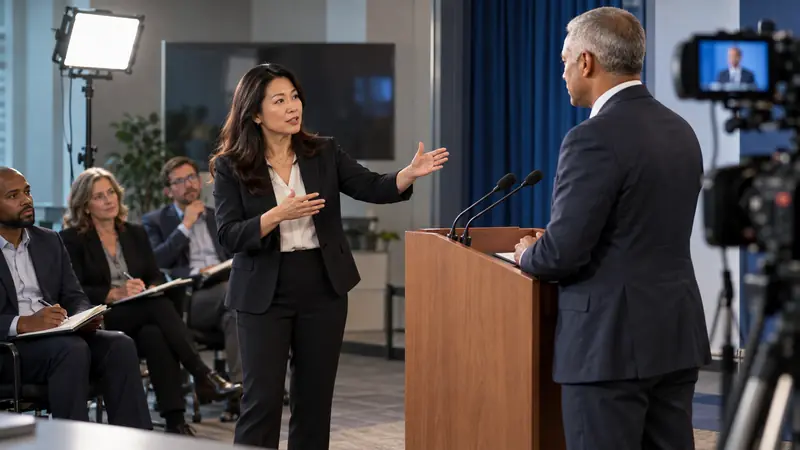 Instructor coaching a public leader at a podium during on-camera media training.